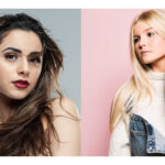 Two studio portraits of young women by Colin Hawkins photography. Left image glamorous young woman with long hair. Right image is a young woman wearing jumper & dungarees against pink background