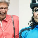 Lifestyle portrait photography for Getty Images of two seniors by Colin Hawkins. Left image is portrait of senior male wearing red shirt laughing. Right image is a senior female wearing protective cycling outfit & glasses