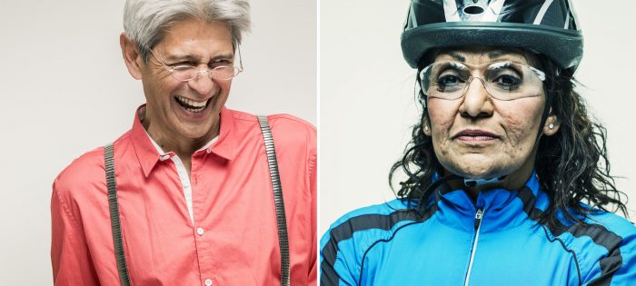 Lifestyle portrait photography for Getty Images of two seniors by Colin Hawkins. Left image is portrait of senior male wearing red shirt laughing. Right image is a senior female wearing protective cycling outfit & glasses