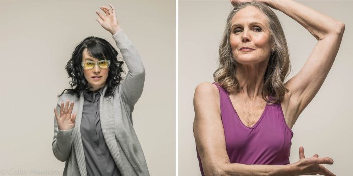 Studio portraits of two women of different ages for Getty Images of women with arms raised by Colin Hawkins. Left image young woman with yellow glasses & grey clothing. Right image is confident senior female wearing sportswear doing exercises.