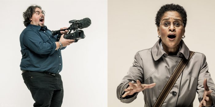 Portrait of shocked cameraman & business women by Colin Hawkins photography