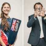 Corporate portrait photography by Colin Hawkins. Left image is young woman wearing sportswear who is a rower for Great Britain looking proud with oar. Right image is a man looking through a glass of water like it is a magic trick