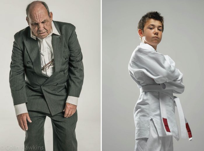 Two studio portraits of a senior male & young boy for healthcare advertising campaigns by Colin Hawkins. Left image is a senior male with a slumped posture suggesting Alzheimer's or dementia. Right image is a young boy wearing judo kit looking proud.