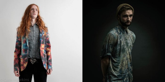 Two promotional photography portraits of musicians by Colin Hawkins. Left image is young male with long hair wearing psychedelic style clothes the right image is a young bearded man on a dark background wearing beanie hat