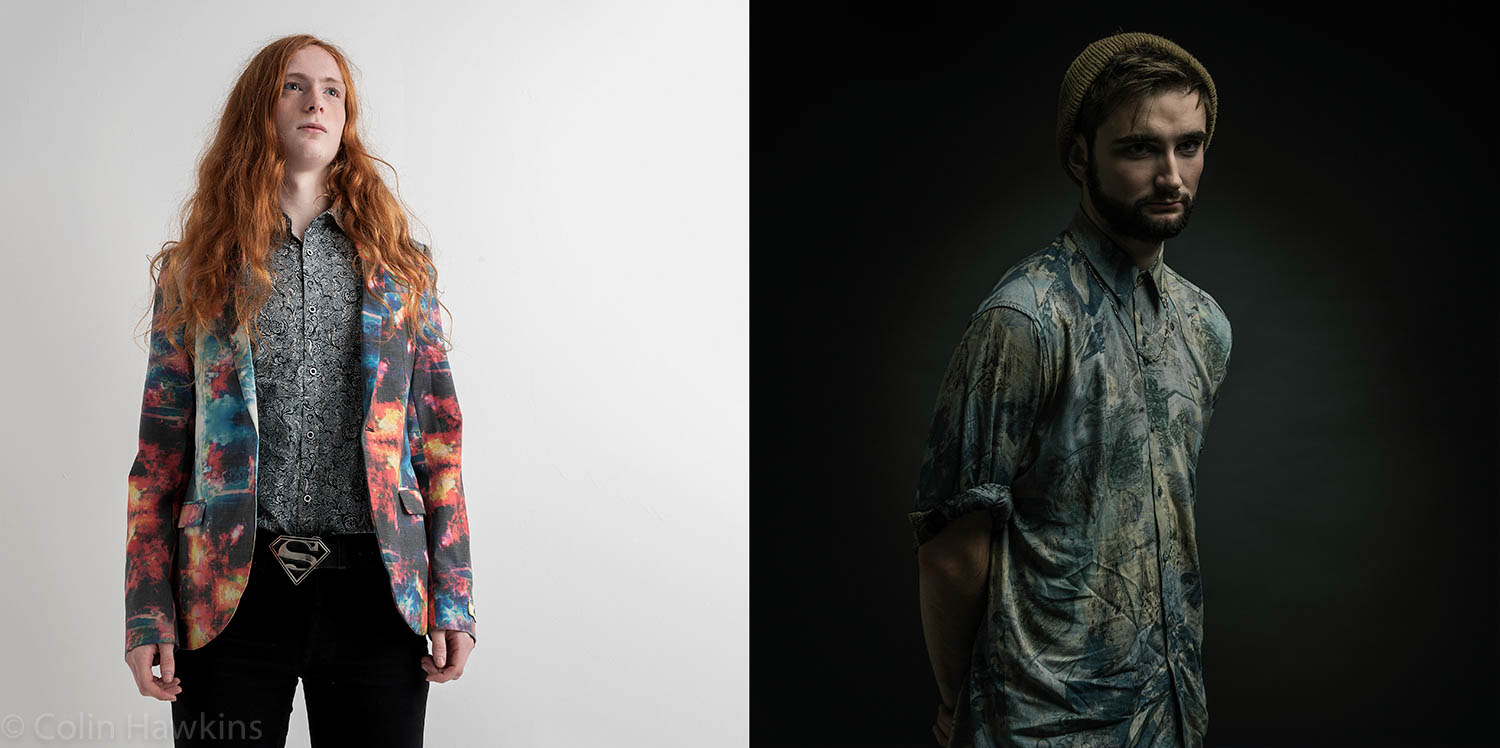 Two promotional photography portraits of musicians by Colin Hawkins. Left image is young male with long hair wearing psychedelic style clothes the right image is a young bearded man on a dark background wearing beanie hat 