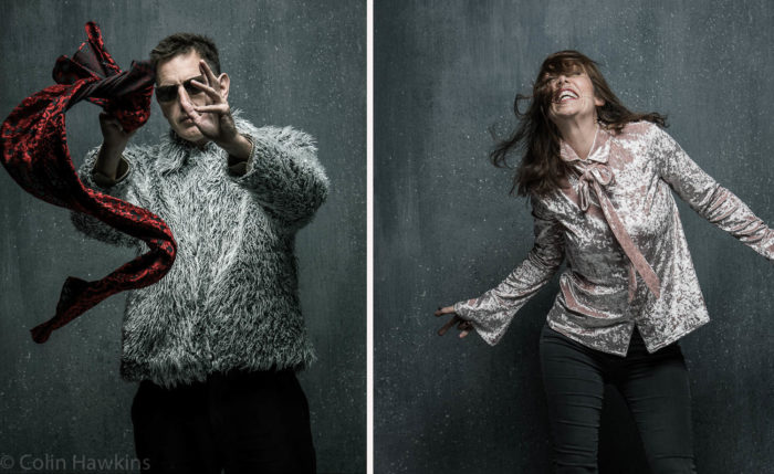 Two portraits of middle aged dancers against grey speckled background for Getty Images by Colin Hawkins. Left image is a man wearing grey fluffy jacket waving a red scarf. Right image is a woman wearing pink velvet top enjoying dancing in the moment