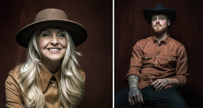 Two Americana style portraits of two people against brown background for Getty Images by Colin Hawkins. Left image is woman smiling wearing brown hat. Right portrait is young bearded man wearing stetson cowboy hat