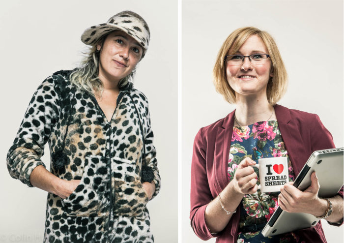 Lifestyle portrait photography by Colin Hawkins of two happy women. Left image is young woman in muddy leopard skin clothes. Right image is female office worker holding a lap top and a mug with "I love spread sheets" logo