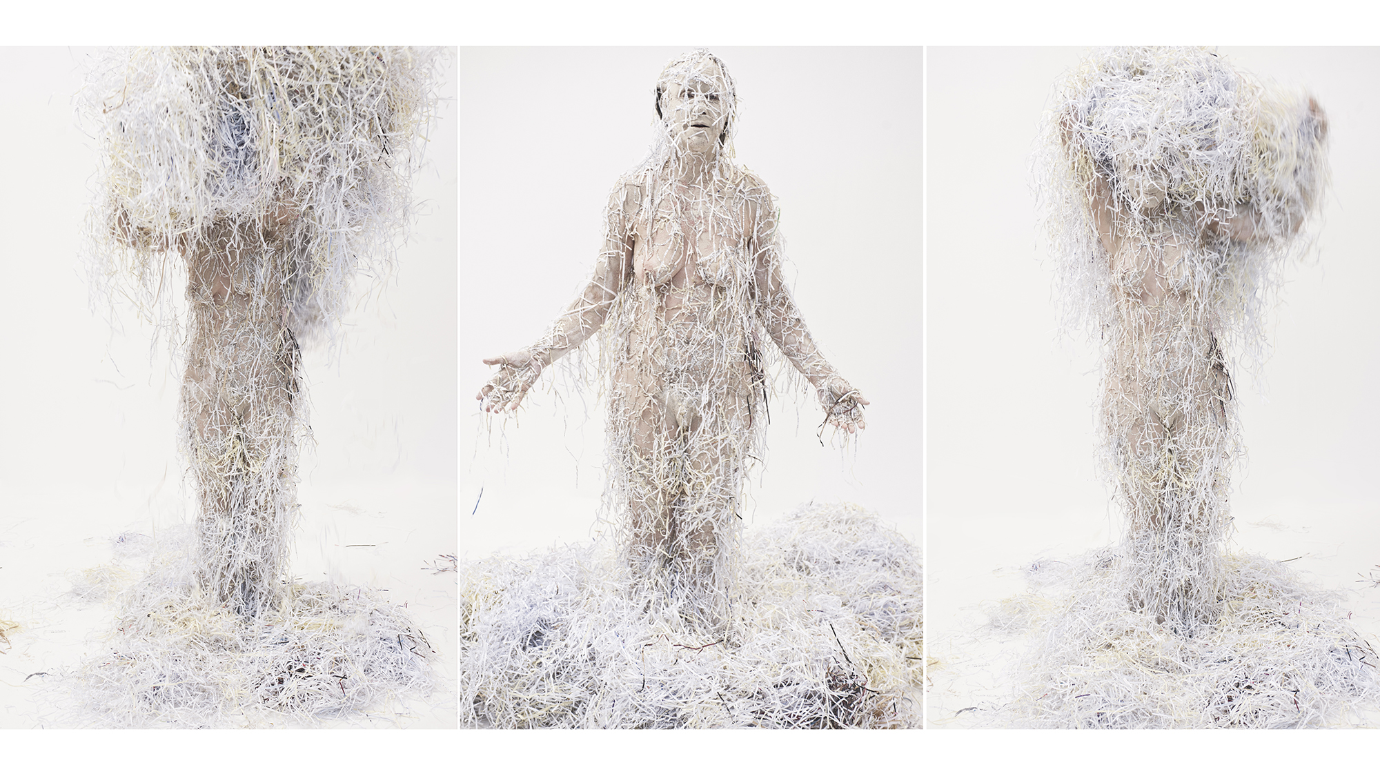 triptych called “Paper” of performance art by woman covered in paper from the Fine Art Photography series by Three Collaborate