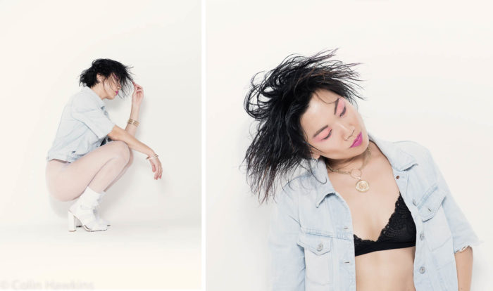 Two editorial fashion photographs of an Asian woman on white background wearing lingerie & denim jacket by photographer Colin Hawkins