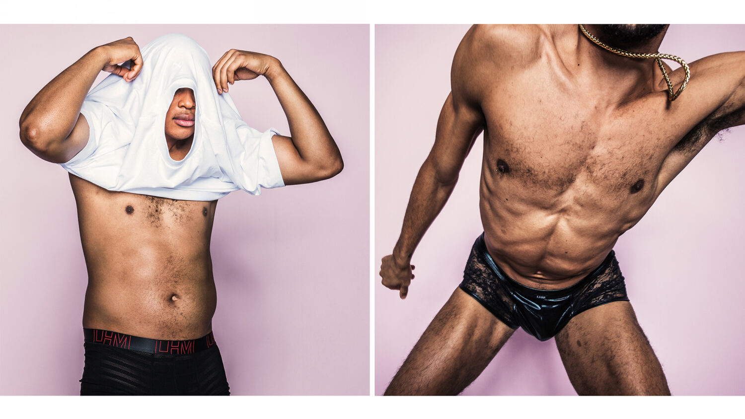 torso's of 2 men on pink background wearing underwear for LHM campaign photography by photographer Colin Hawkins