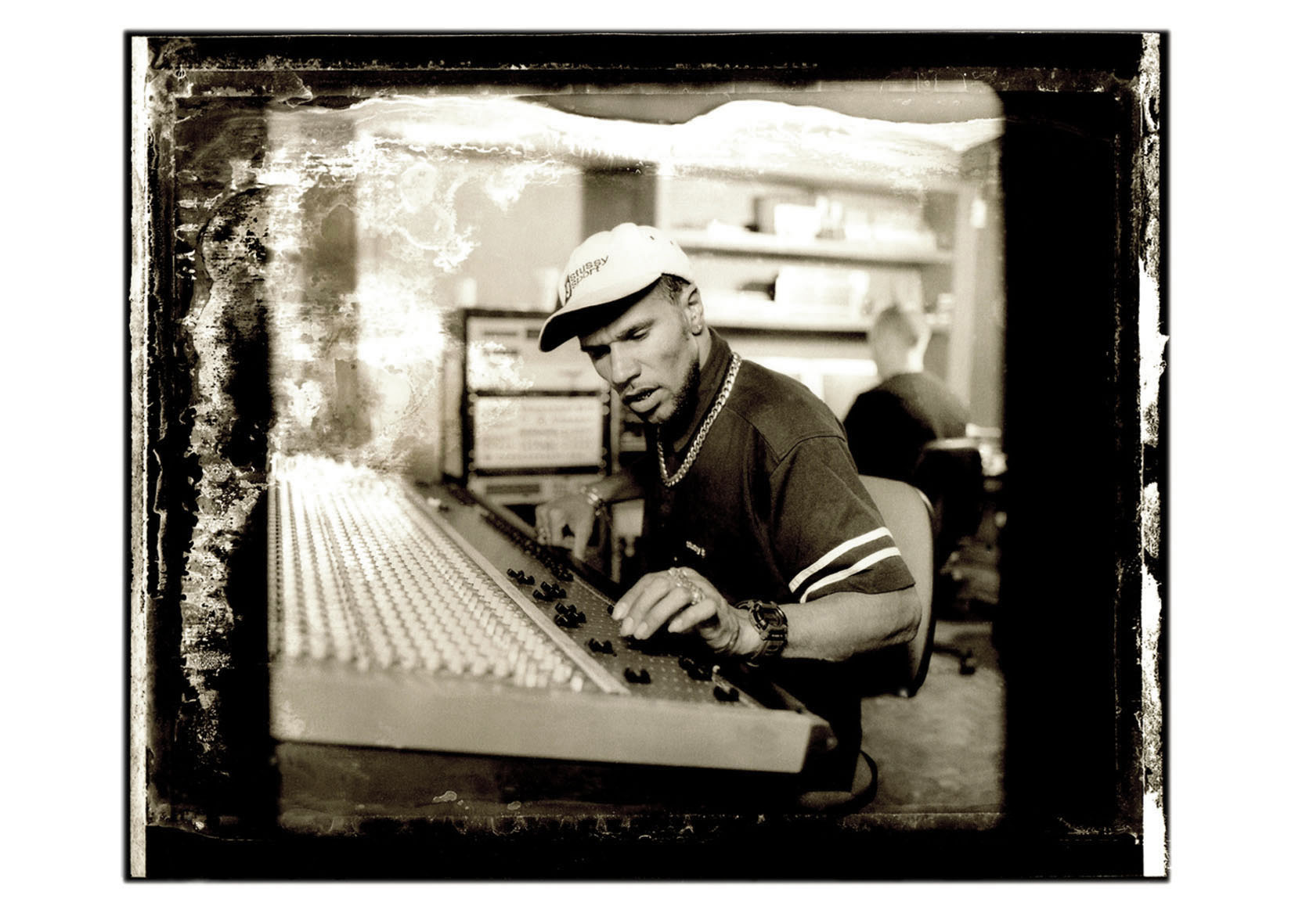 Goldie in Moving Shadow studio during the early Metalheadz years, 1996 London drum and bass photography.