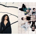 Music promotional photography of female singer with branch and band sitting on floor shot from above in Hawkeye Studio by Colin Hawkins