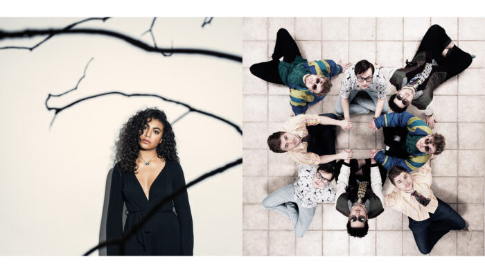 Music promotional photography of female singer with branch and band sitting on floor shot from above in Hawkeye Studio by Colin Hawkins