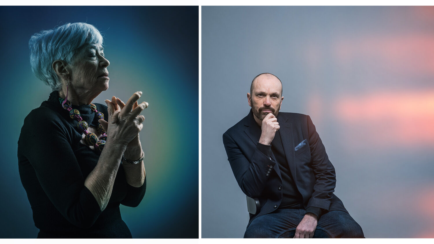 Studio portrait photography by Colin Hawkins of senior woman holding hands in hope in blue lightingand man with light leak effect.