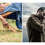 Two pictures by photographer Colin Hawkins. Left image is close up of elderly black woman's hand dangling by deckchair. Right image is portrait of man standing and falling asleep on clouds.