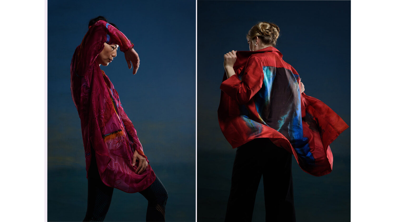 Photography for a special retrospective collection of painted silk clothes by designer Carole Waller by Colin Hawkins