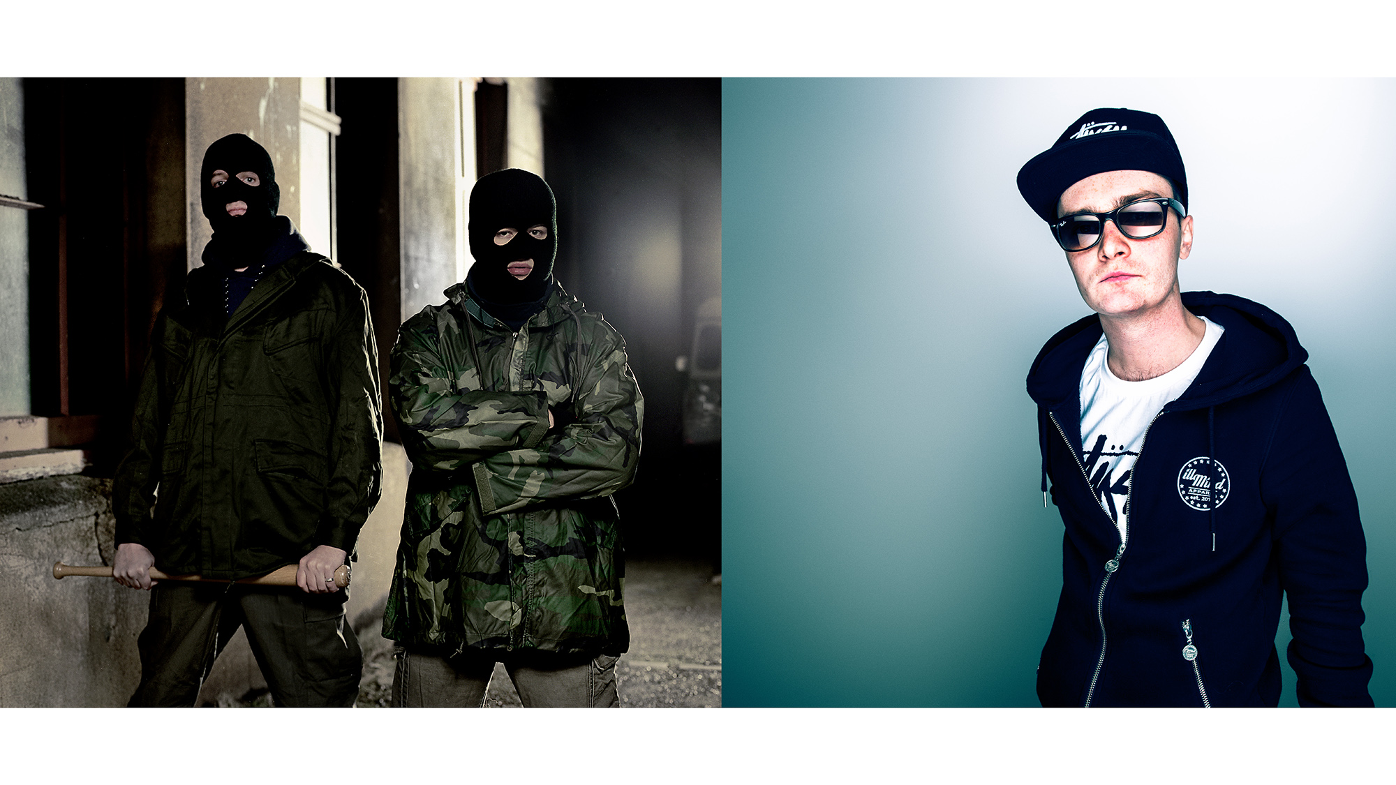 Music press promotional photography by Colin Hawkins of The Rhythm Killers outside at night wearing ski masks & Nocky Nocks in the studio wearing sunglasses