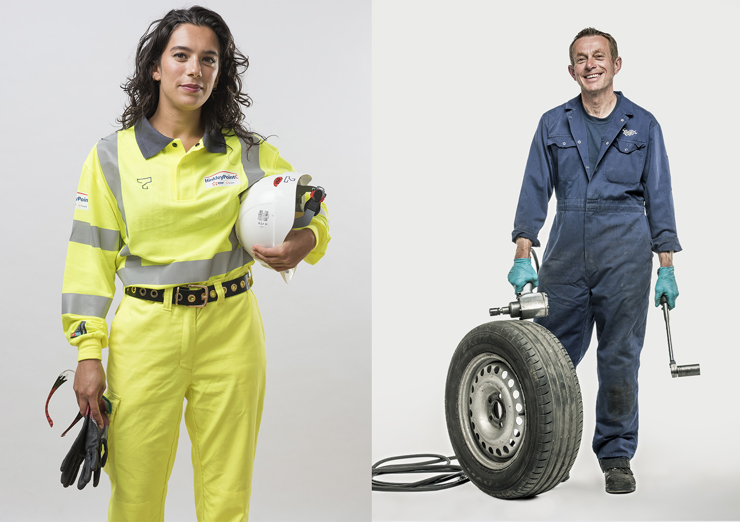 Business portraits of manual workers.Left image is a woman in high vis protection holding hard hat and right image is o male garage mechanic with a spanner and large wheel