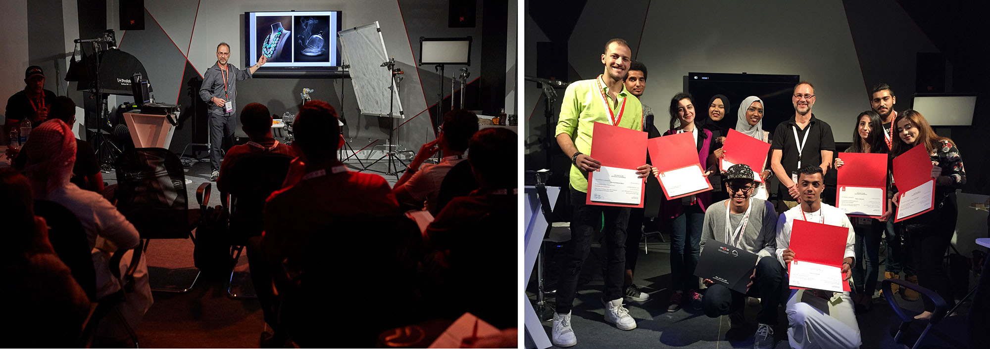 Two photographs of Colin Hawkins teaching and workshops at Xposure which is a renowned annual photography festival that takes place in Sharjah, UAE.