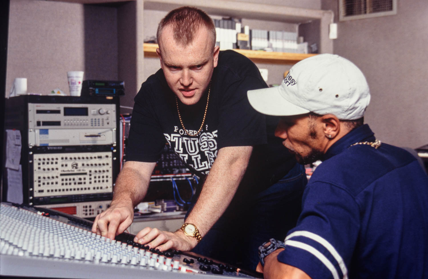 Goldie & Rob Playford at Moving Shadow Studio in 1996. D&B photography London