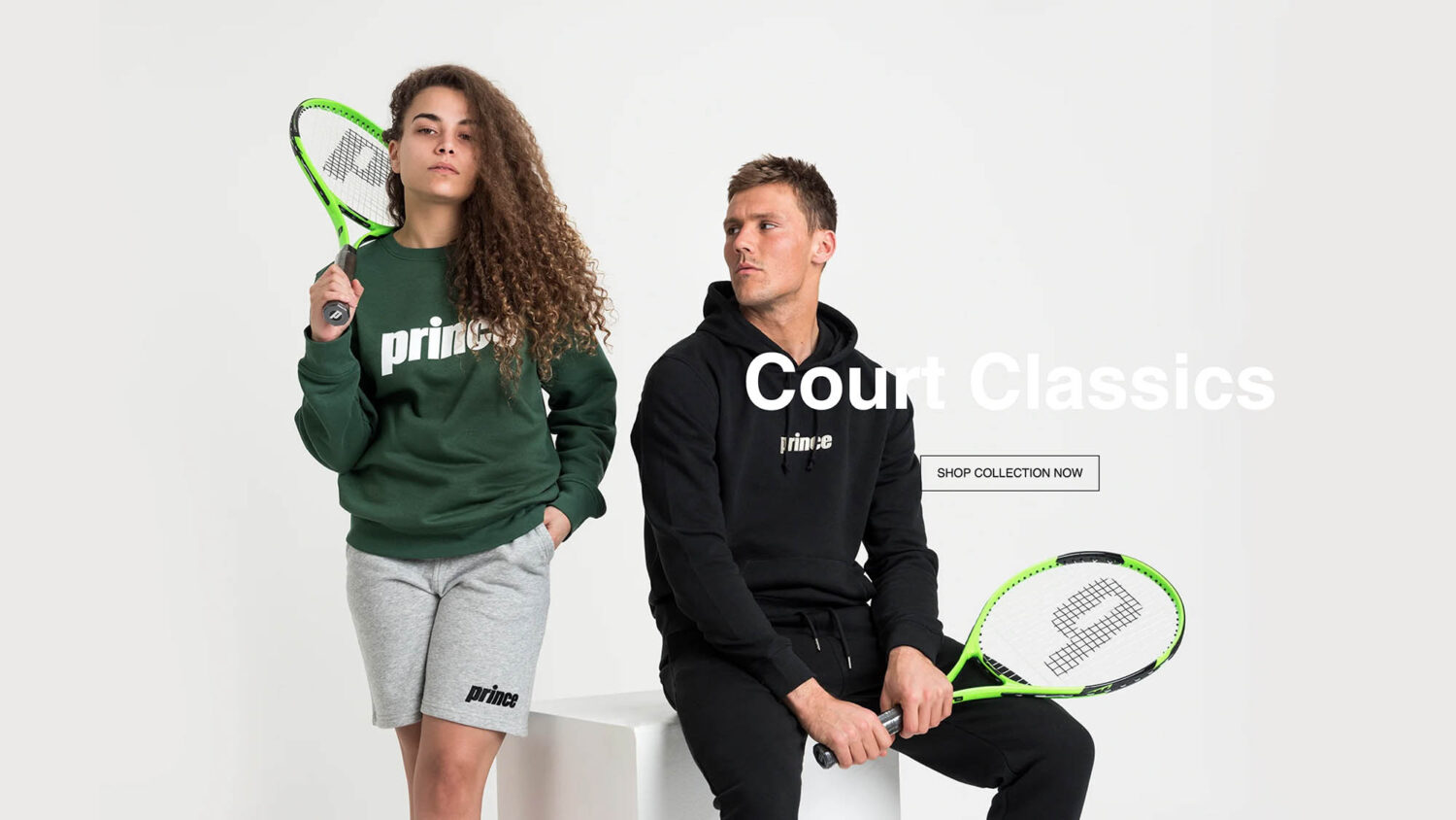 Couple wearing tennis sports wear in white studio fo Prince e-commerce site